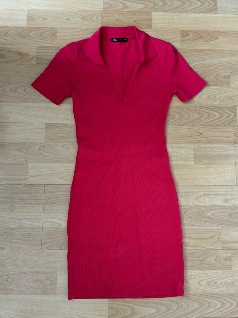 Zara Hot Pink Collared V-Neck Ribbed Mini Dress